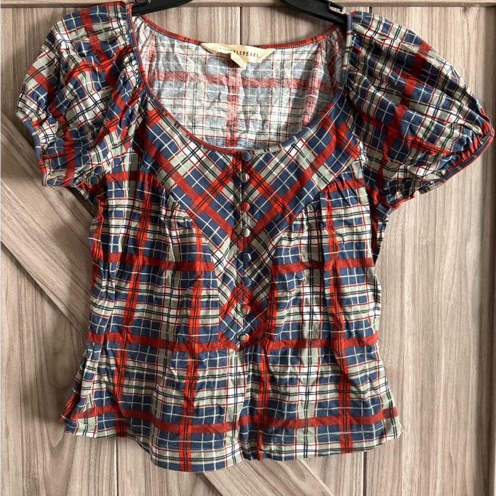 Vibrant Red and Blue Blouse with Elegant Design